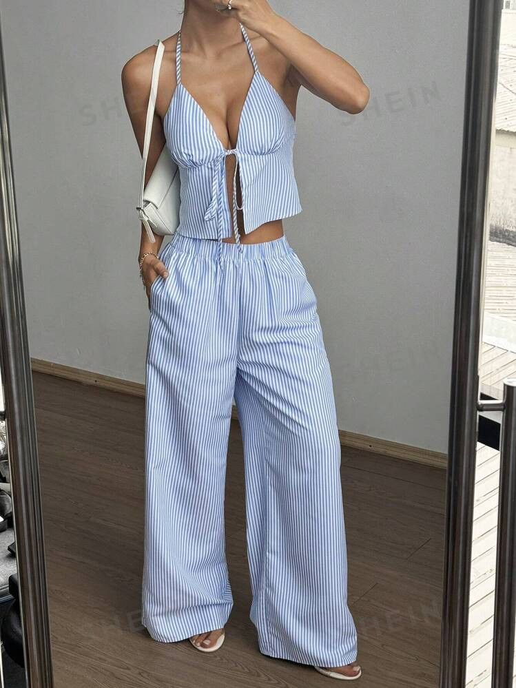 SHEIN MOOSTA Striped Tank Top & Elastic Straight Leg Pants Casual Women's Two-Piece Set | SHEIN