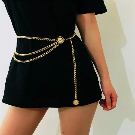 Gold Vintage Women Waistband Metal Waist Chain Belt Wide Coins Tassel Band | Walmart (US)