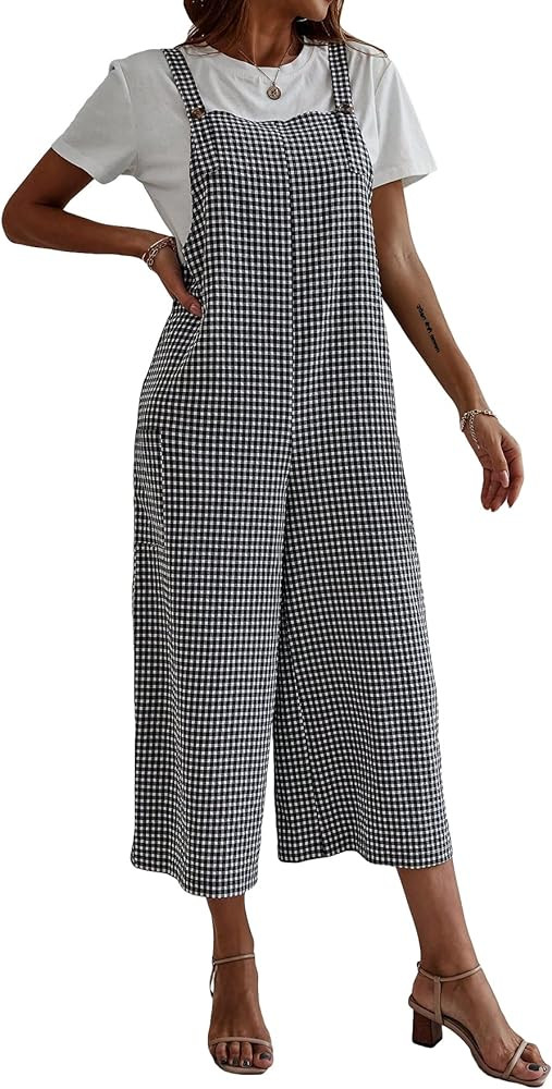 Floerns Women's Gingham Print Overall Jumpsuit High Waist Wide Leg Rompers | Amazon (US)