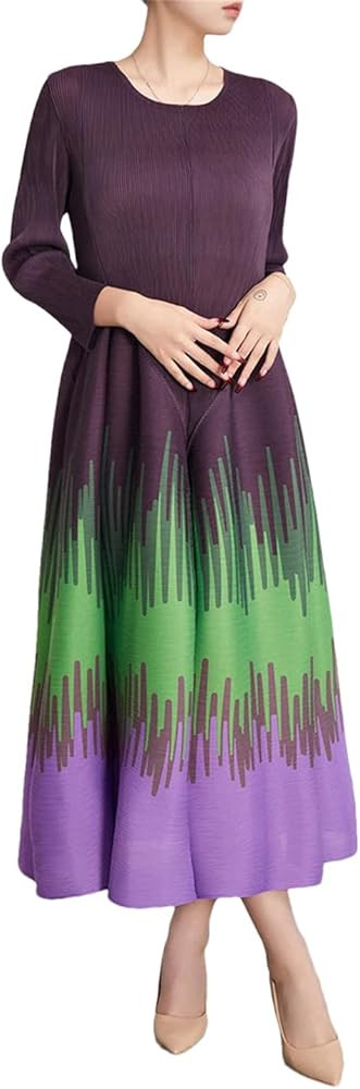 Women Pleated Flower Bud Vintage Printed Dress Long Sleeve Round Neck Elastic Waist Plus Size Dre... | Amazon (US)