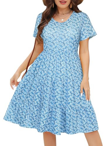 Younrui Plus Size Midi Floral Dress for Women Tiered Flowy Babydoll Casual Summer Wedding Guest Aline Dresses (1XL-1001-Blue Daisy) | Amazon (US)