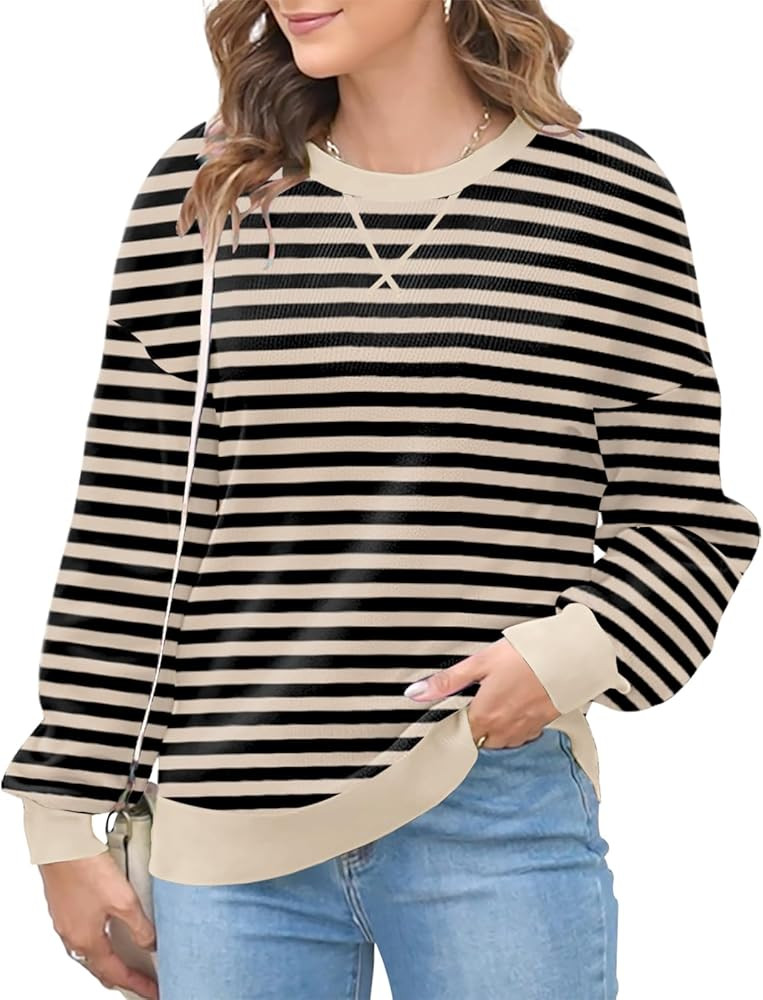 Womens Oversized Striped Sweaters Color Block Long Sleeve Crew Neck Sweater Casual Loose Pullover... | Amazon (US)