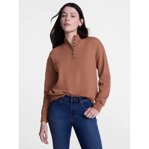 Scenario Women's and Women's Plus Waffle Knit Button Top with Long Sleeves, Sizes XS-4X | Walmart (US)