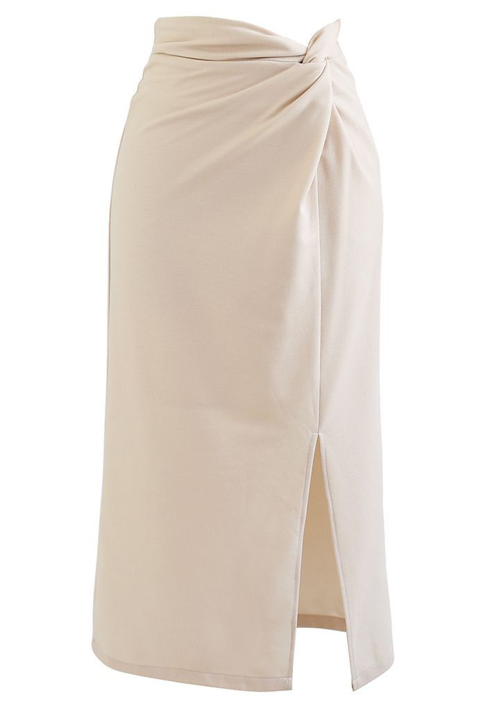 Twisted Waist Vent Hem Pencil Skirt in Cream | Chicwish