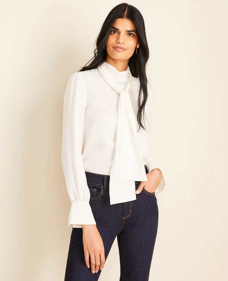 Cheetah Jacquard Mock Neck Bow Blouse | Ann Taylor | Ann Taylor (US)