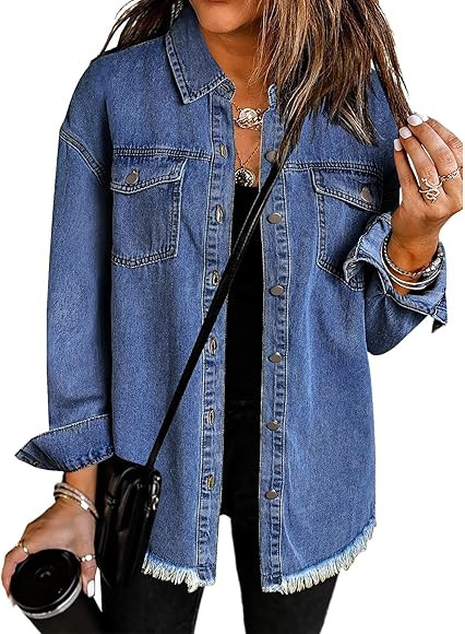 Zeagoo Jean Jackets for Women Ripped Stretchy Denim Jean Jacket Casual Long Sleeve Pockets Oversi... | Amazon (US)