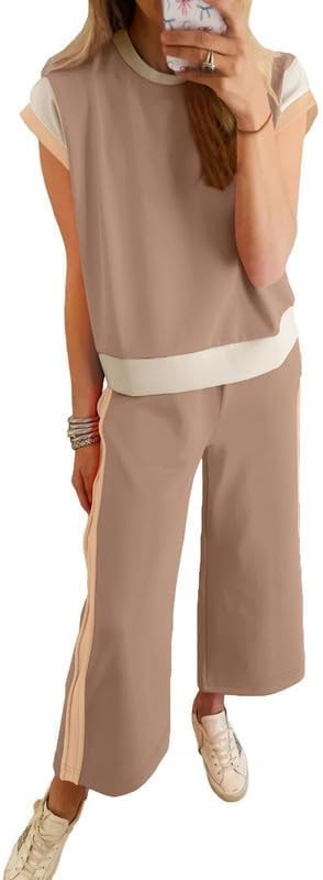 SHEWIN Women's 2 Piece Lounge Sets Casual Short Sleeve Pullover Tops Matching Wide Leg Pants Trac... | Amazon (US)