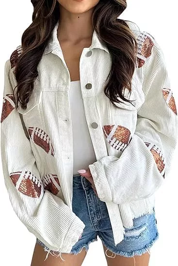 SeekMe Women's Cropped Corduroy Jacket Football Sequin Patched Short Button Raw Hem Jacket Coat