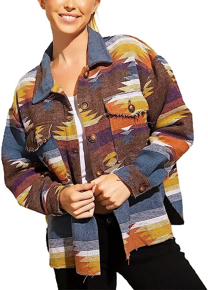 chouyatou Women's Tribal Aztec Pattern Button Down Trucker Shirt Jacket Shacket Coat | Amazon (US)