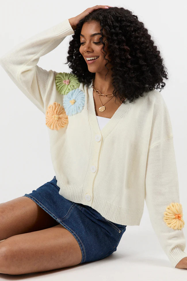 Made My Mark Ivory Multi Floral Embroidered Cardigan SALE | Pink Lily