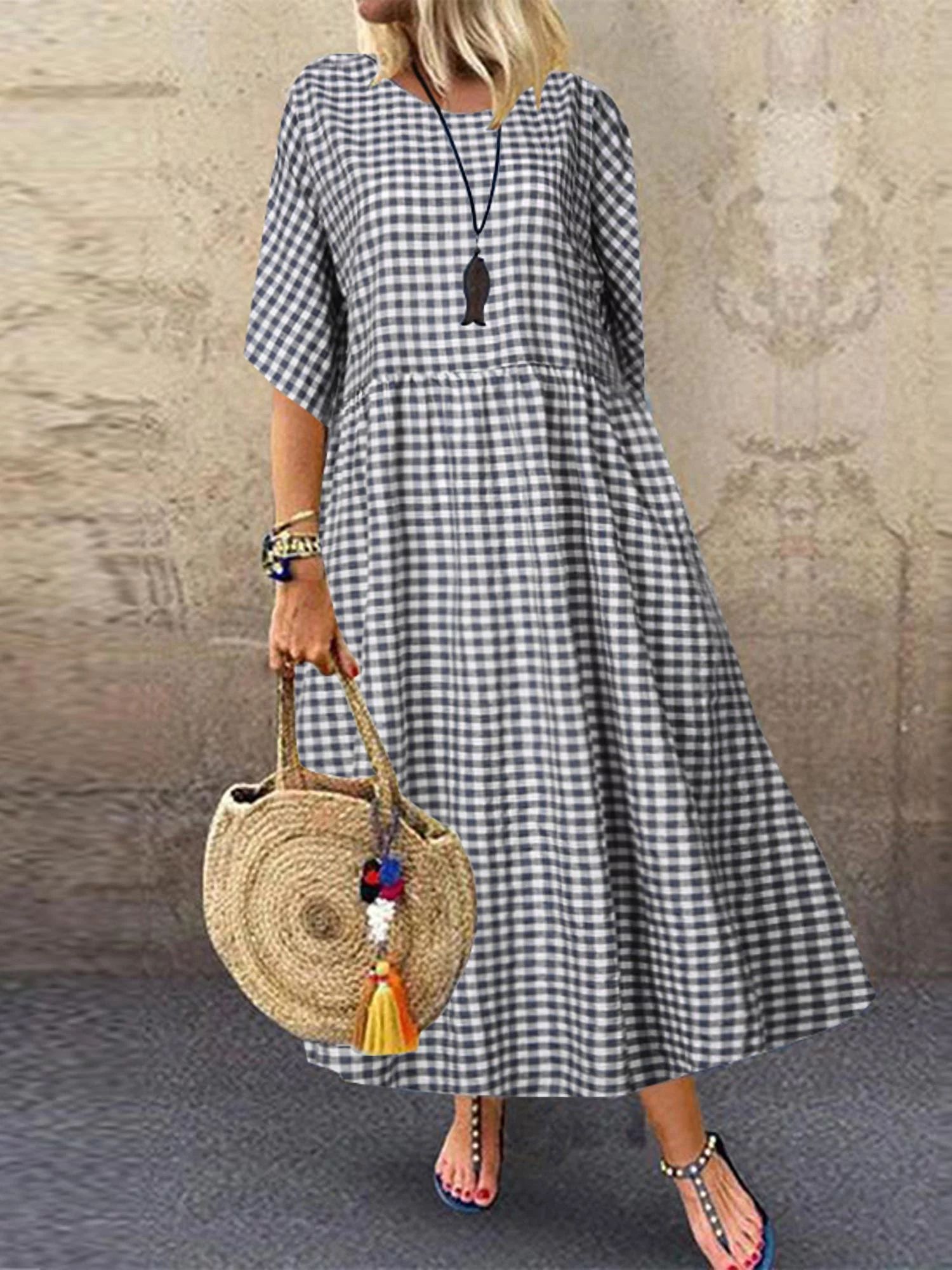ZANZEA Women's Casual Plaid Printed Short Sleeve Dresses Tunic Dress | Walmart (US)