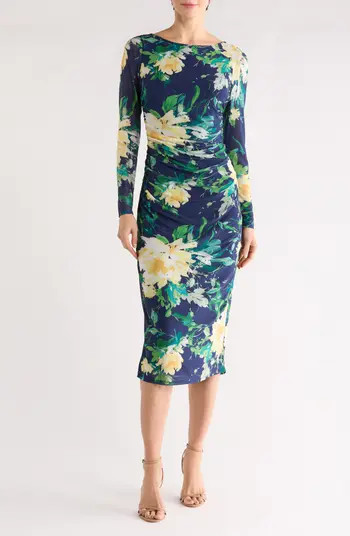 Vince Camuto Floral Long Sleeve Ruched Mesh Body-Con Dress | Nordstromrack | Nordstrom Rack