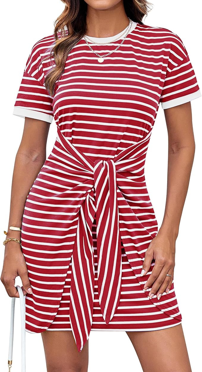 GRACE KARIN Striped Shirt Dresses for Women Front Tie Crewneck Wrap Dress Short Sleeve T-Shirt Ca... | Amazon (US)