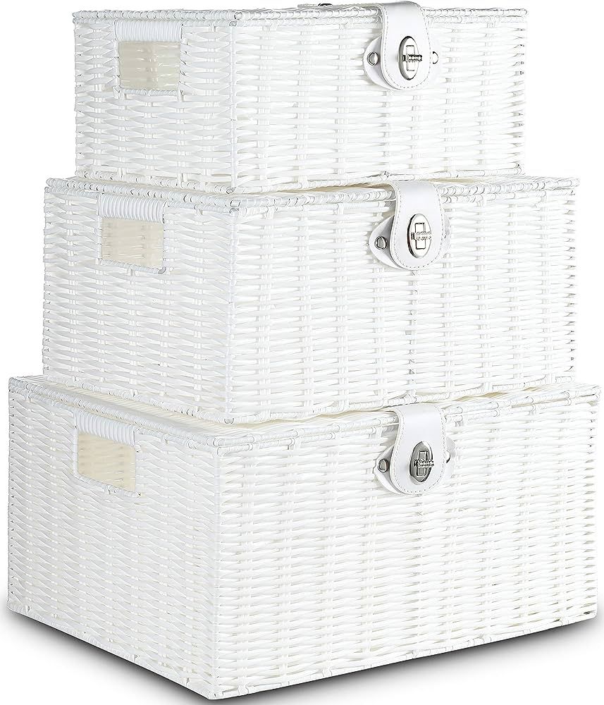 Honygebia White Wicker Storage Baskets - Set of 3 Decorative Nesting Boxes with Lids, Woven Baske... | Amazon (US)