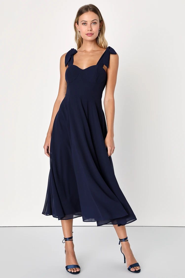 Sophisticated Charisma Navy Blue Tie-Strap A-Line Midi Dress | Lulus (US)