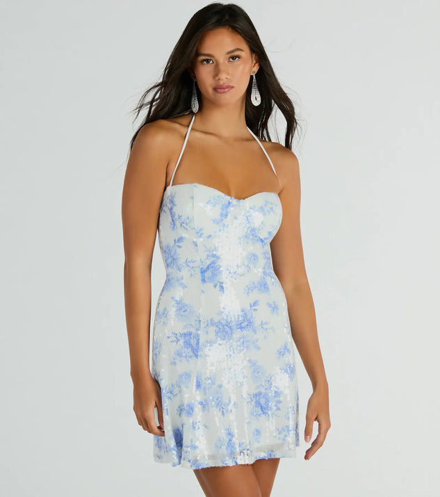 Sparkly Excellence Floral Sequin Mini A-Line Dress | Windsor Stores