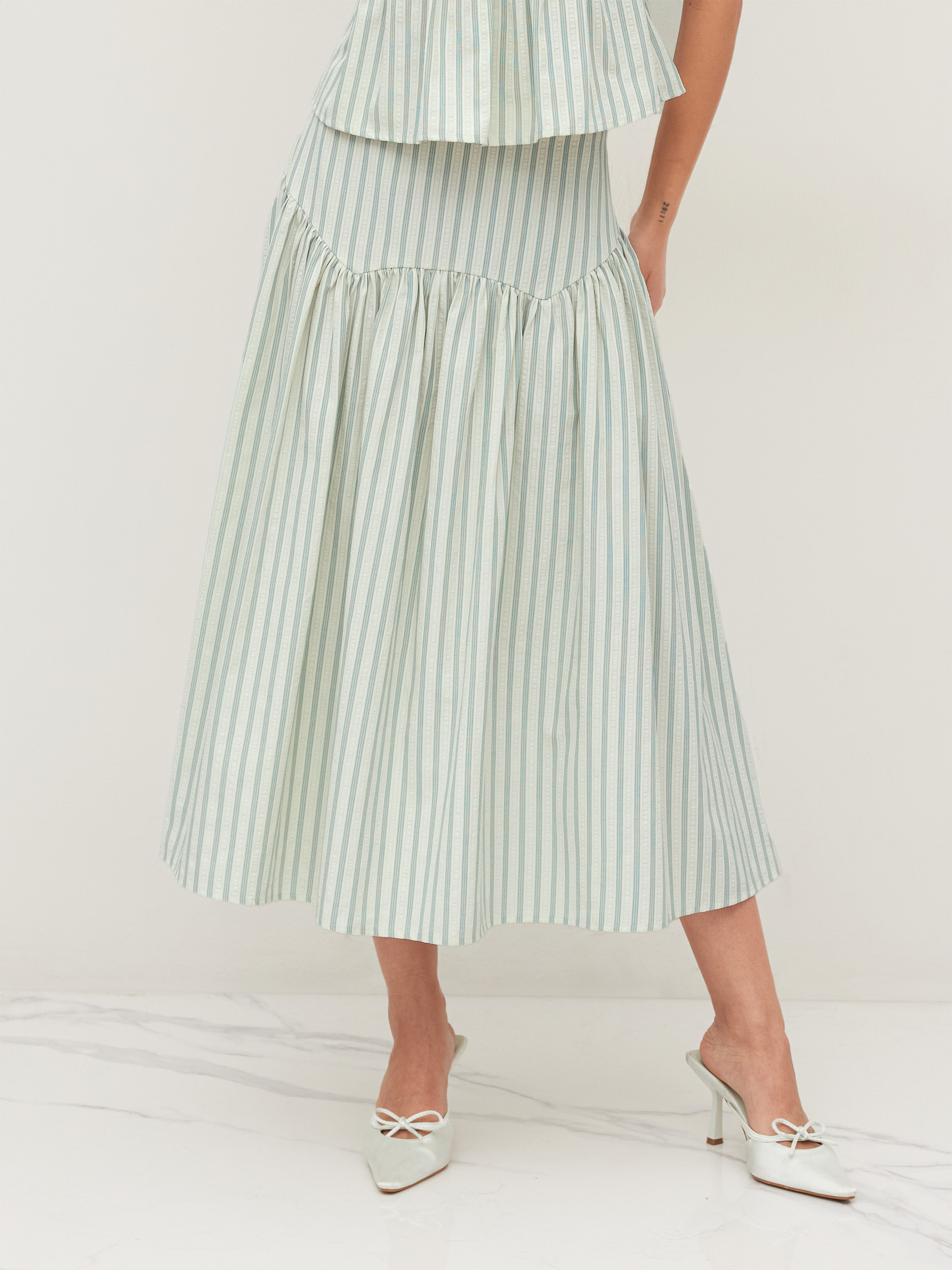 Woven Cotton-blend Mid Rise Striped Ruffle Maxi Skirt For School | Cider