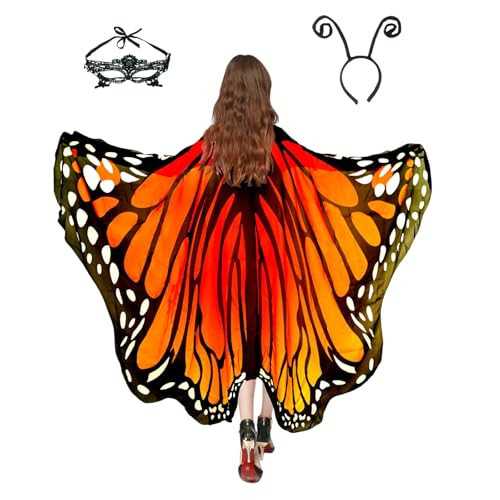 Sunlisky Halloween Costumes for Women Adult Butterfly Costumes Wing Cape Shawl 3Pcs with Lace Mask and Black Velvet Antenna Headband | Amazon (US)