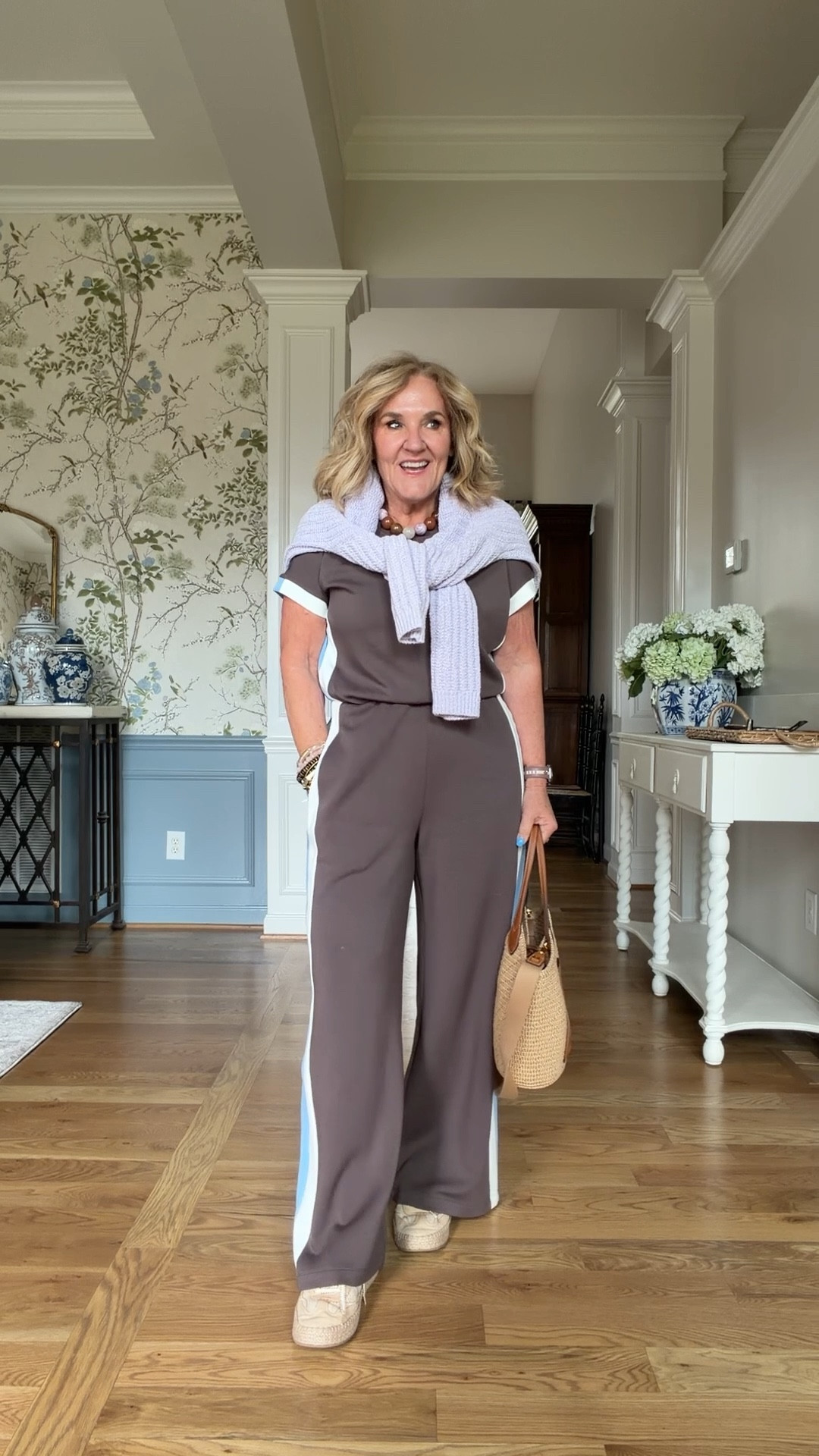 Spanx jumpsuit size medium petite. I love this color! Especially with the lilac sweater size medium 
Track suit in 2 pieces also available 

#LTKspring #LTKOver40 #LTKPetite