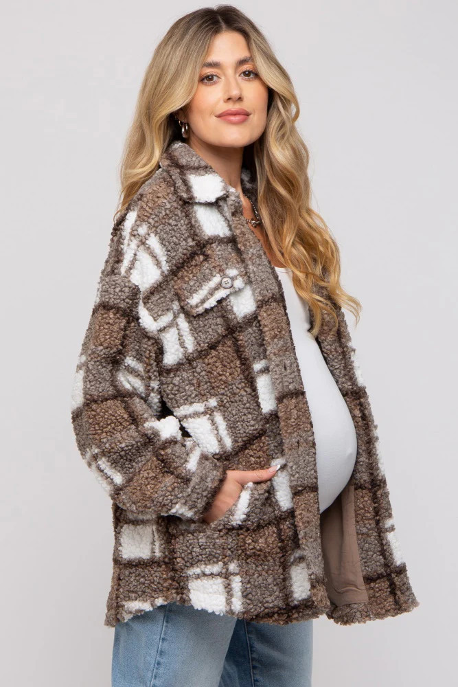 Brown Plaid Sherpa Maternity Jacket | PinkBlush Maternity