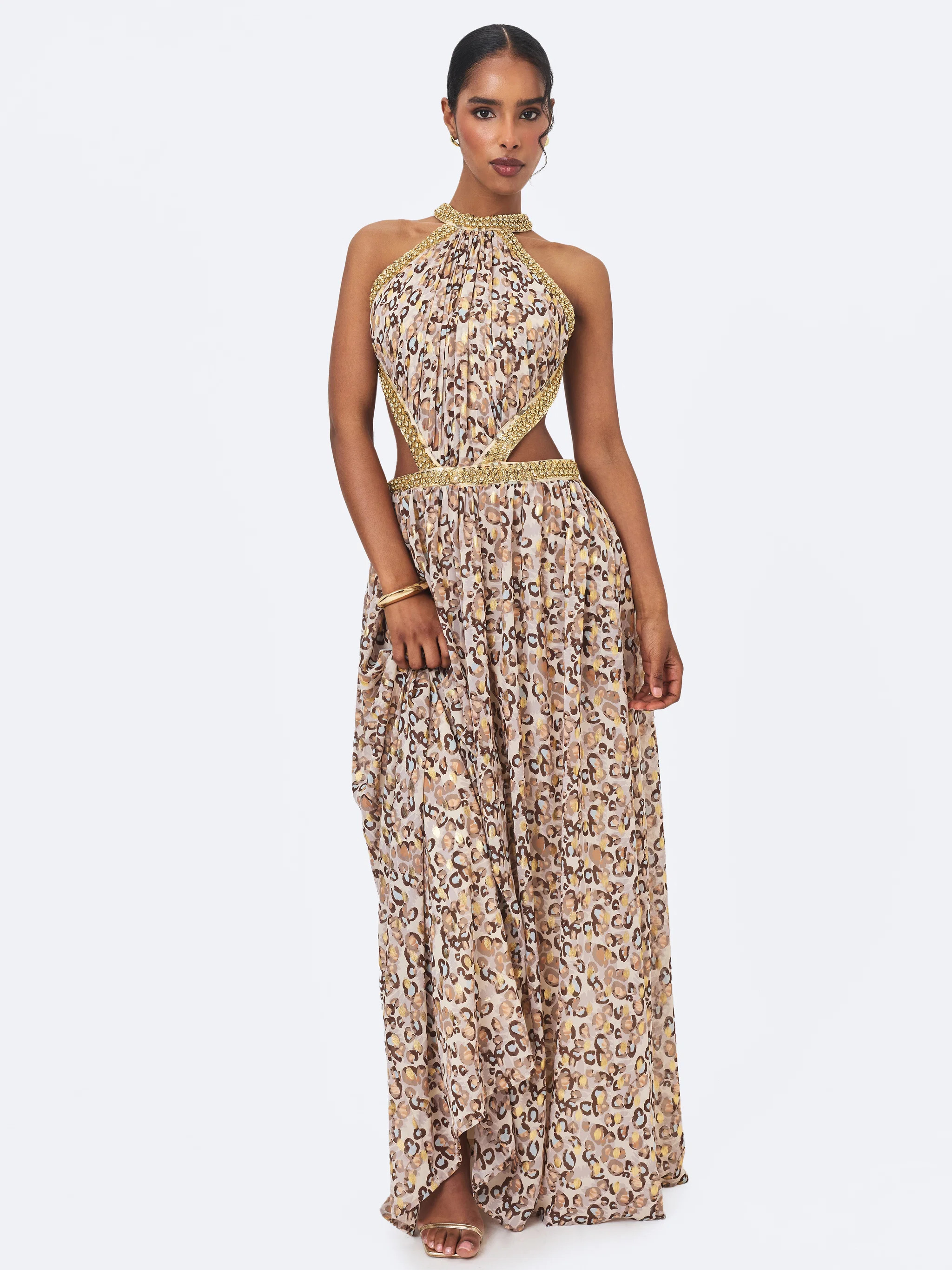 Quinnlyn Beige Cheetah Print Chiffon Halter Maxi Dress | Miss Circle