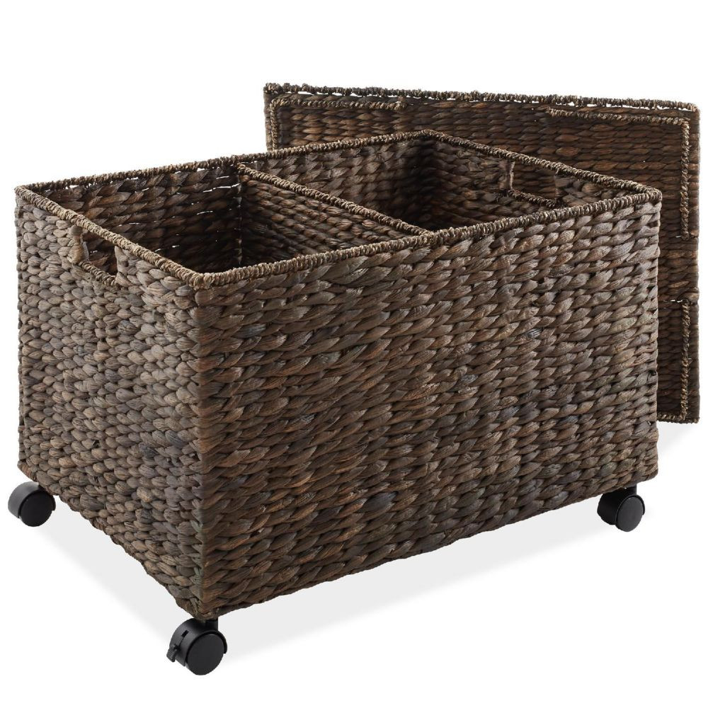 Casafield Rolling Storage Basket Cart w/ Lid, Woven Wicker Divided Recycling Bin, Espresso Brown | Oriental Trading Company