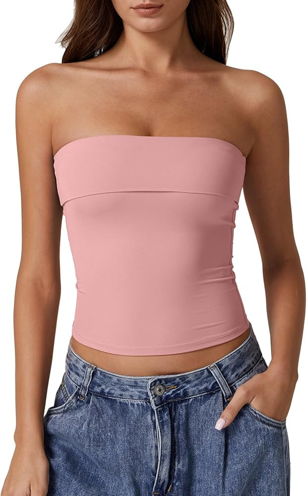 QINSEN Women's Tube Tops Strapless Bandeau Tops Double Lined Slim Fit Summer Going Out Tank Tops | Amazon (US)