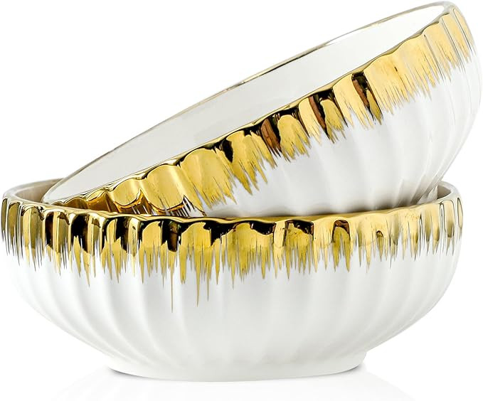 LETAOTAO Serving Bowls, 8 inch Large Salad Bowls, Ceramic Bowl Set of 2 White Bowl with Gold Trim... | Amazon (US)