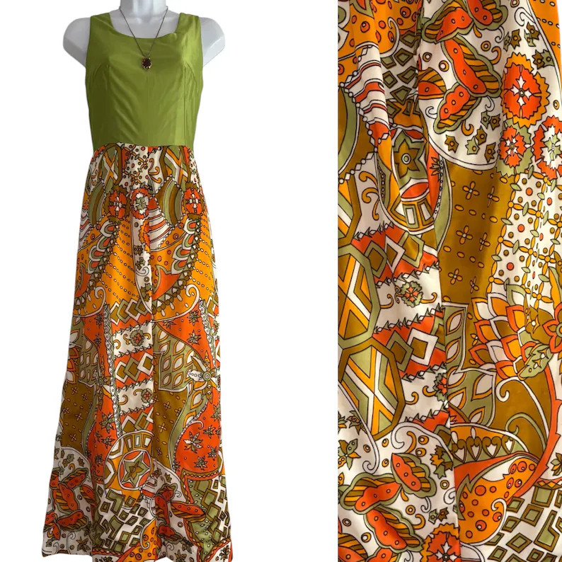 Vintage MOD Print Maxi Dress Size Small, 1970's Retro Hippie Psychedelic Dress Hand Made | Etsy (Global)