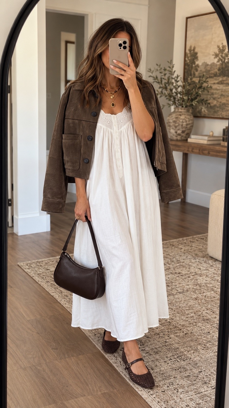 Fall styling at its best 🤎 This flowy white dress paired with rich chocolate brown layers is the perfect way to transition a summer staple into fall. The jacket, woven flats, layered necklaces + shoulder bag make the whole look feel effortlessly elevated. 🍂

Shop the full look on my LTK!
#falloutfit #fallstyle #fallfashion #ltkfashion #ltkstyletip #neutralstyle #falloutfitideas #amazonfashion #womensfallfashion #casualfalloutfit

#LTKSaleAlert #LTKSeasonal #LTKootd