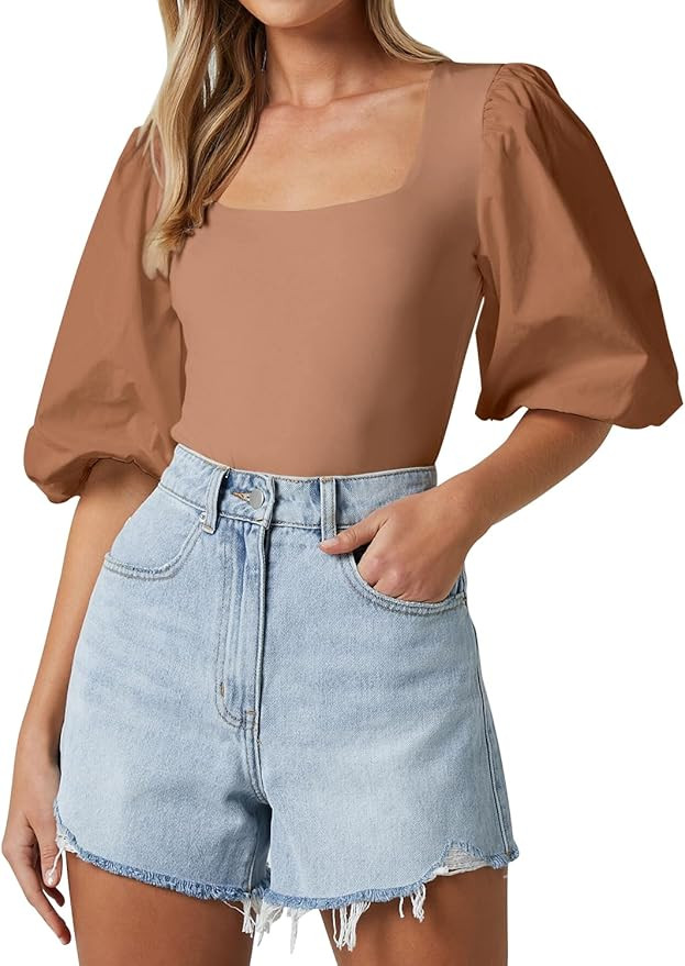 Women's Square Neck Puff Short Sleeve Tops Summer Dressy Casual Blouse T Shirts | Amazon (US)