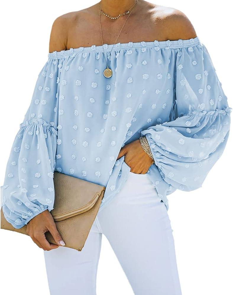 KIRUNDO Women’s Tops Summer Chiffon Off The Shoulder Tops Swiss Dot 3/4 Bell Sleeves Casual Blo... | Amazon (US)