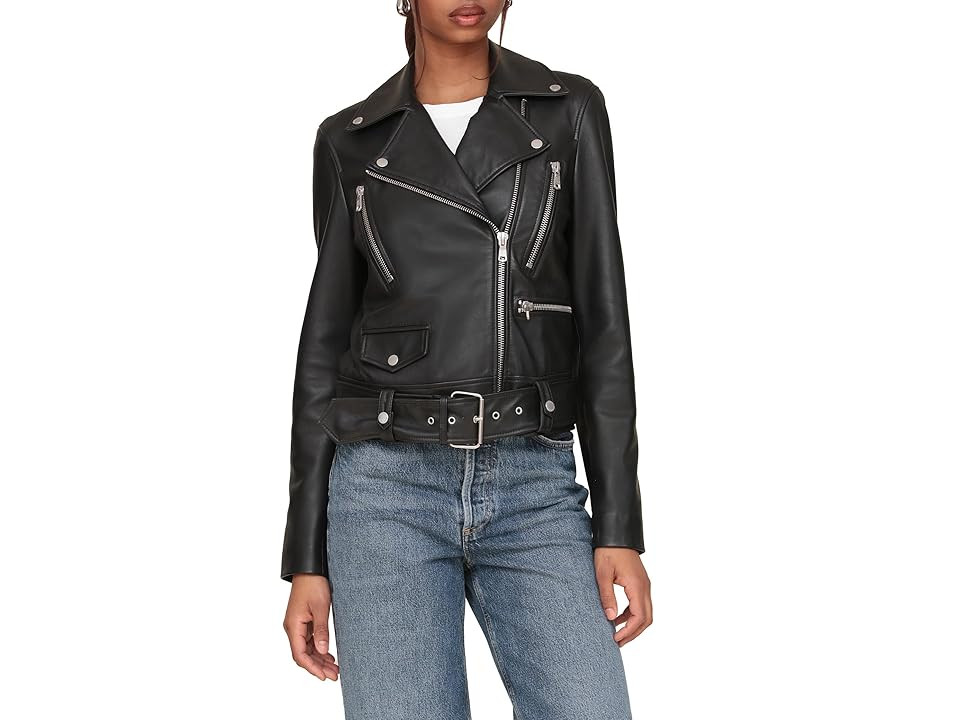 Avec Les Filles Genuine Leather Belted Biker Jacket Women's Jacket Black : XS | Zappos