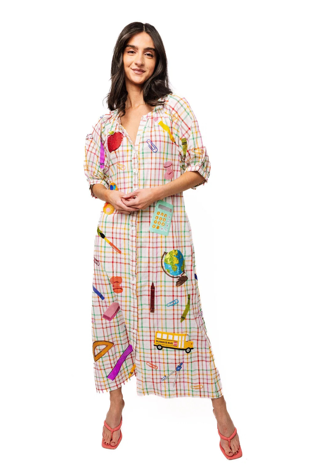 Rainbow Plaid Teacher Icon Button Up Cotton Midi Dress | Queen of Sparkles