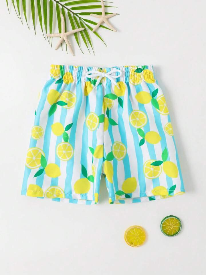 Young Boy Lemon Print Drawstring Waist Swim Shorts | SHEIN