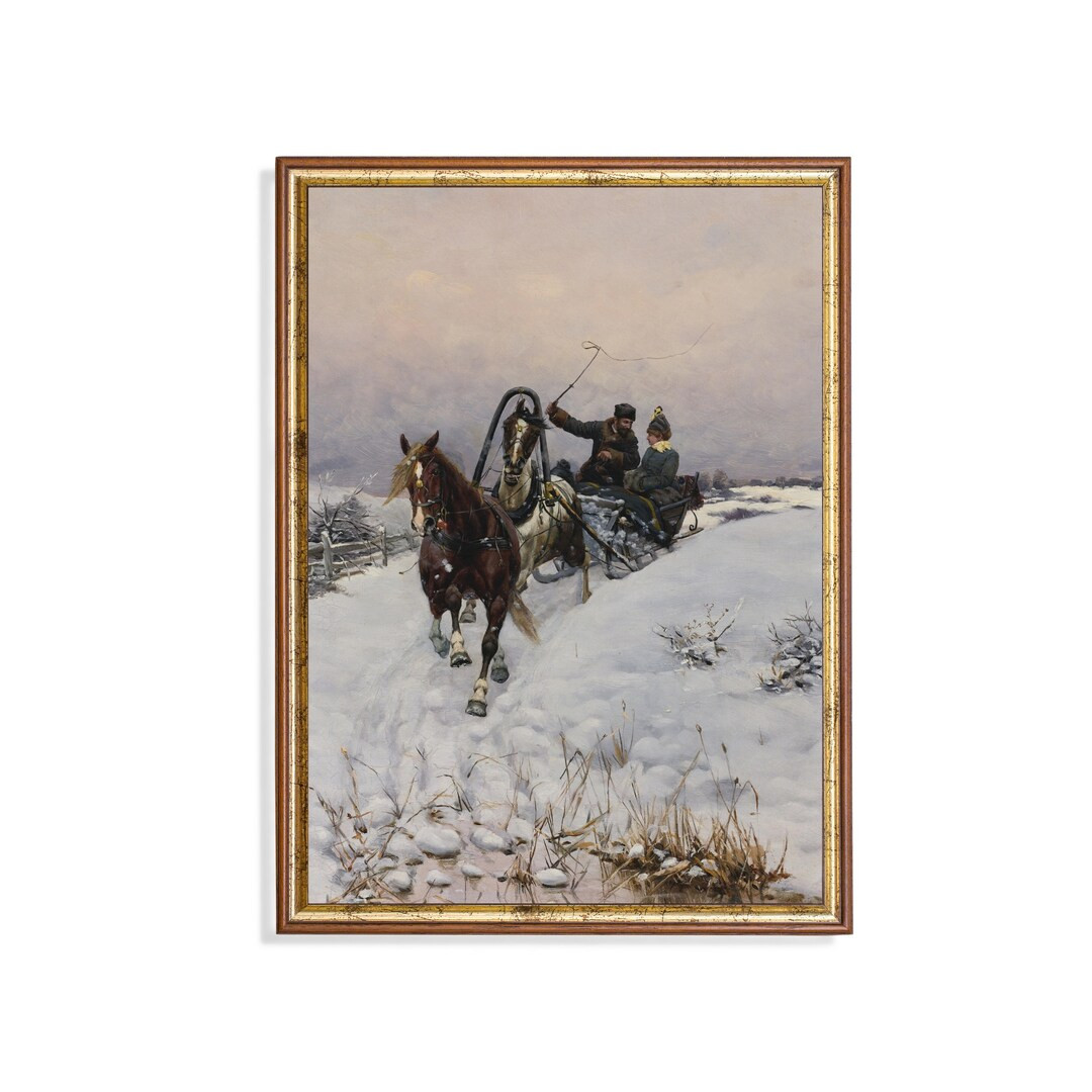 Printed and Shipped | Vintage Painting | Sleigh Ride in Winter | Snowy Landscape | Antique Painti... | Etsy (US)