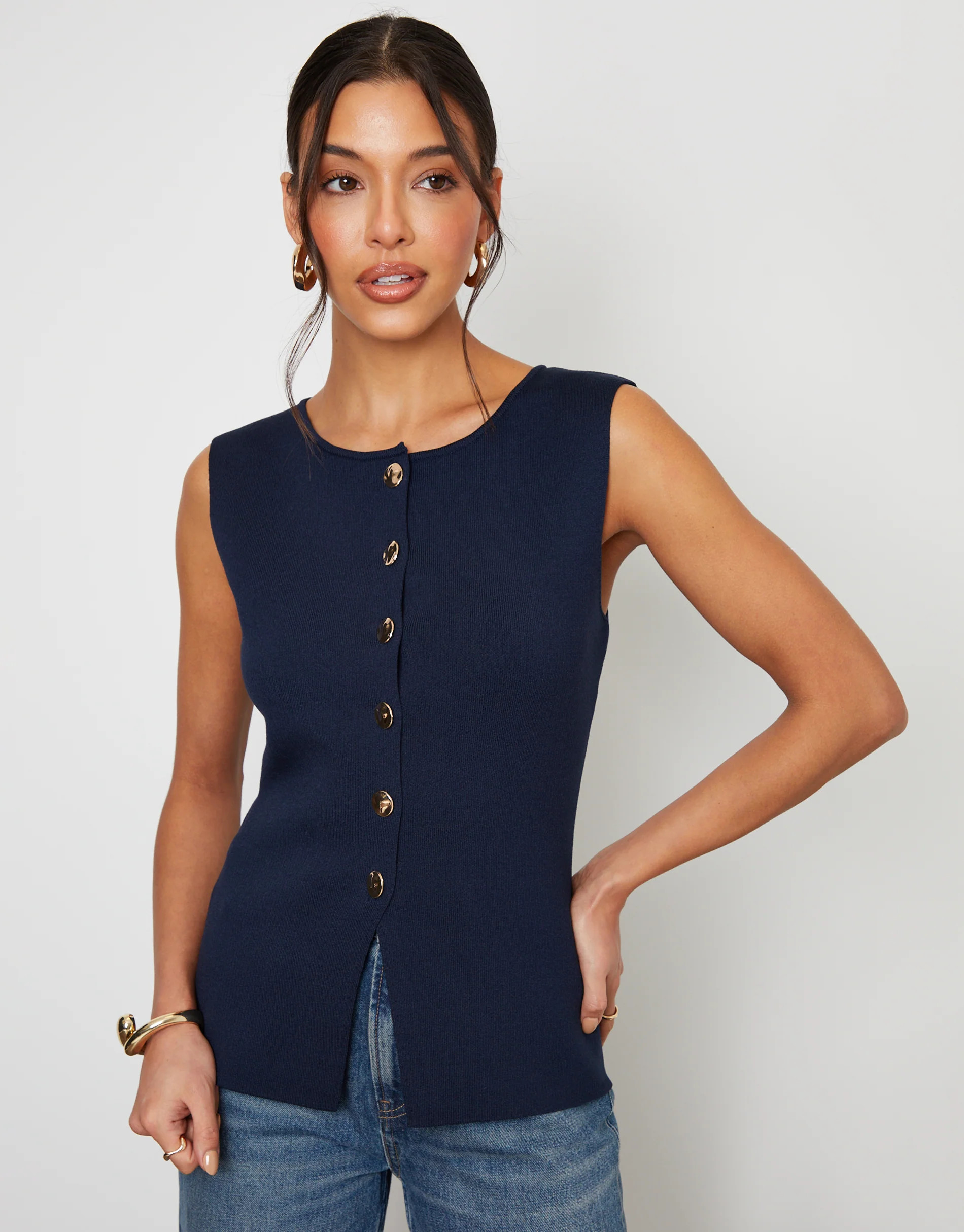 Navy Ribbed Knitted Waistcoat | Threadbare