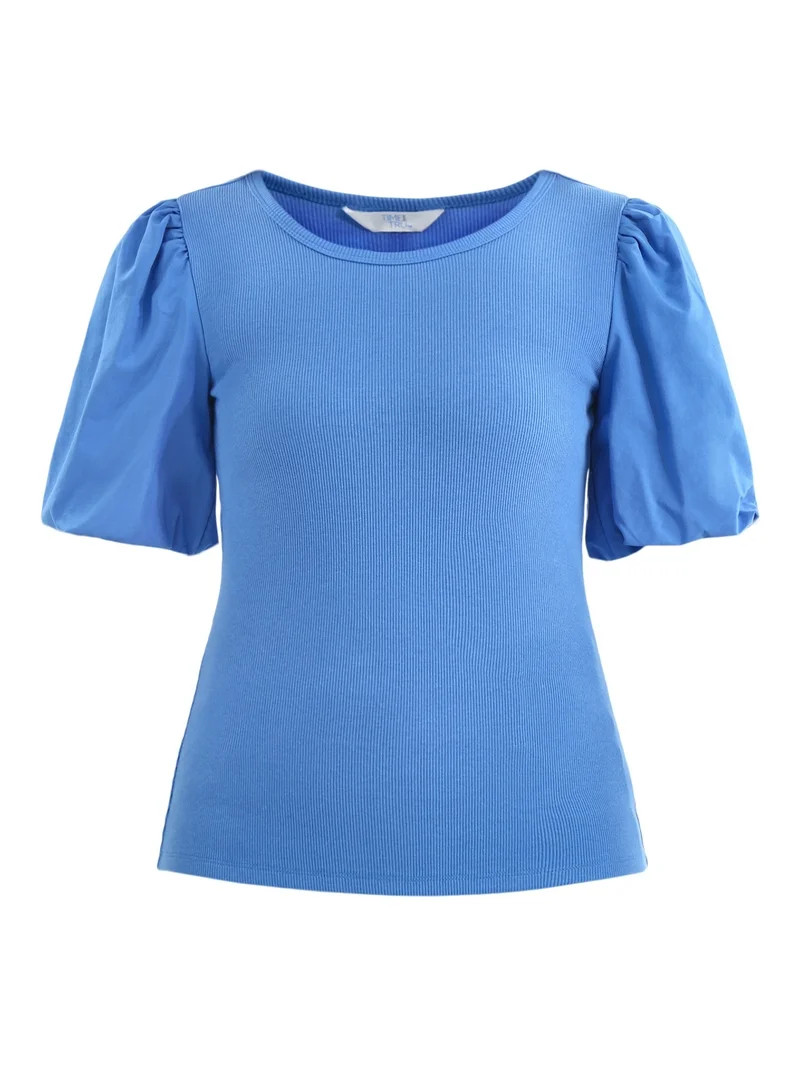 Time And Tru Women's Mixed Media Top with Short Puff Sleeves, Sizes XS-XXXL | Walmart (US)