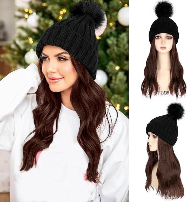 Hat Wig Beanie Hat with Hair Long Wavy Curly Hair Extensions Knit Rib Pom Hat Attached 14" Synthe... | Amazon (US)