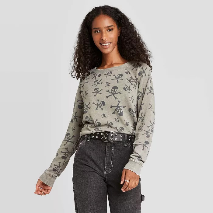 Women's Halloween Skull Pullover Sweatshirt - Green | Target