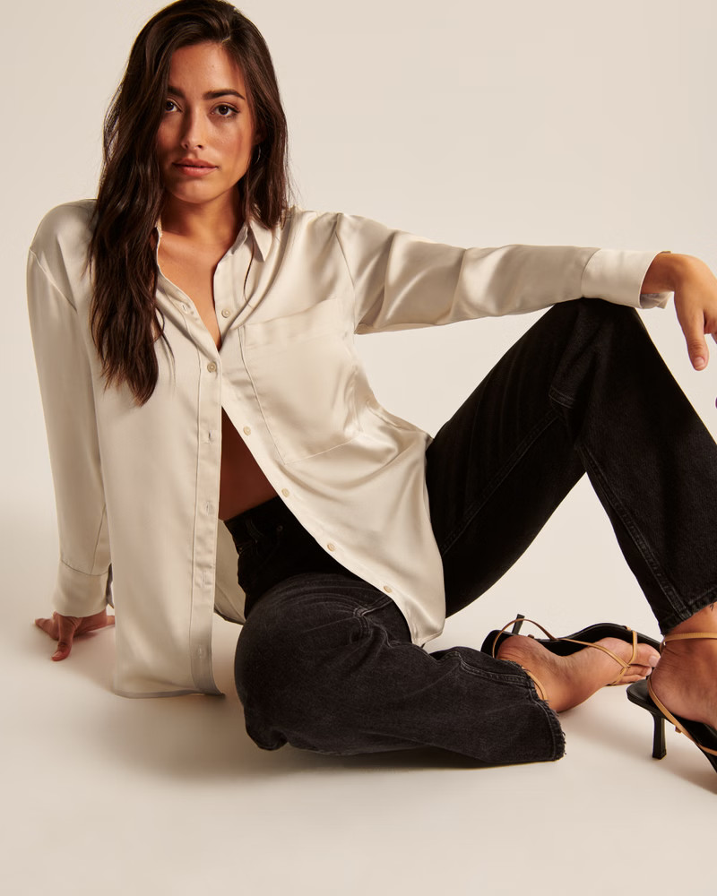 Oversized Long-Sleeve Satin Shirt Jacket | Abercrombie & Fitch (US)