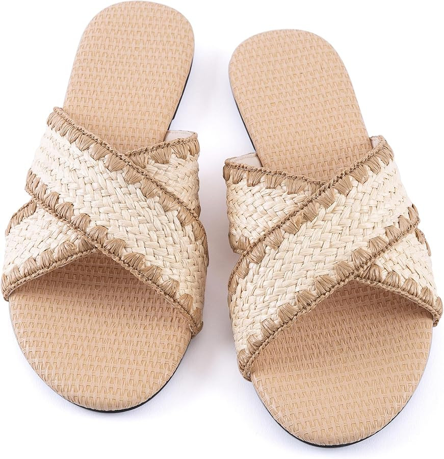 Mtzyoa Women Flat Sandals Summer Dressy Casual Braided Leather Crossover Nude Sandalias para muje... | Amazon (US)