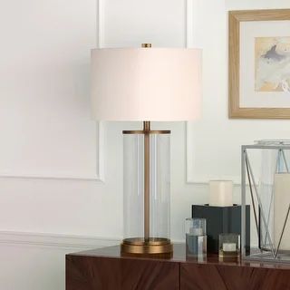 Reeves Cylindrical Clear Glass & Antique Brass Table Lamp with Linen Shade | Bed Bath & Beyond