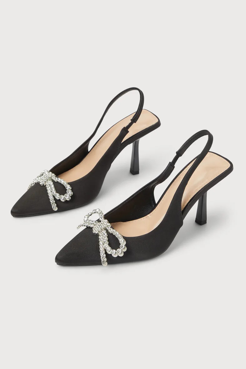 Catrin Black Satin Rhinestone Bow Pointed-Toe Mule Pumps | Lulus (US)
