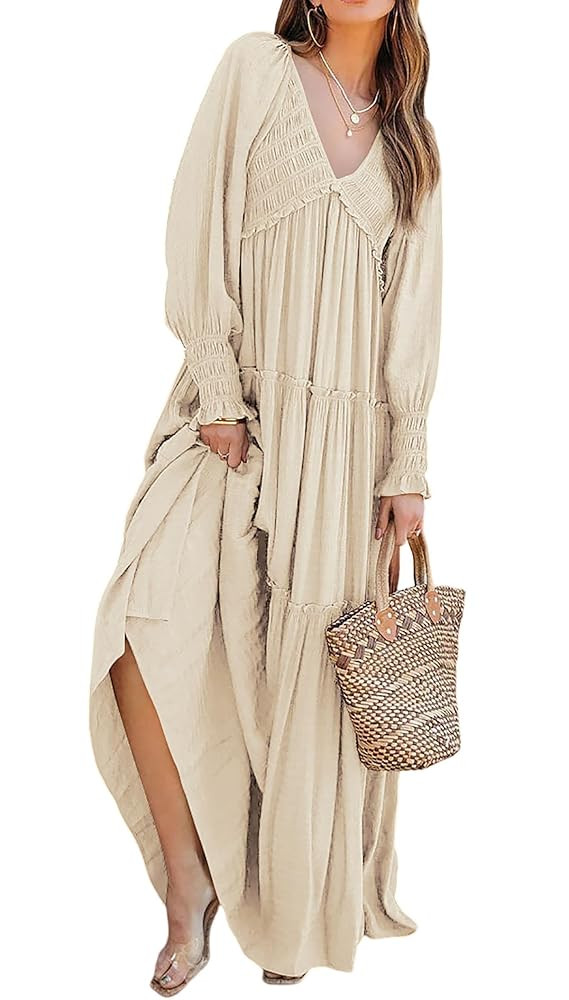 R.Vivimos Maxi Dress for Women Long Sleeve V Neck Empire Waist Layered Ruffle Boho Casual Flowy L... | Amazon (US)