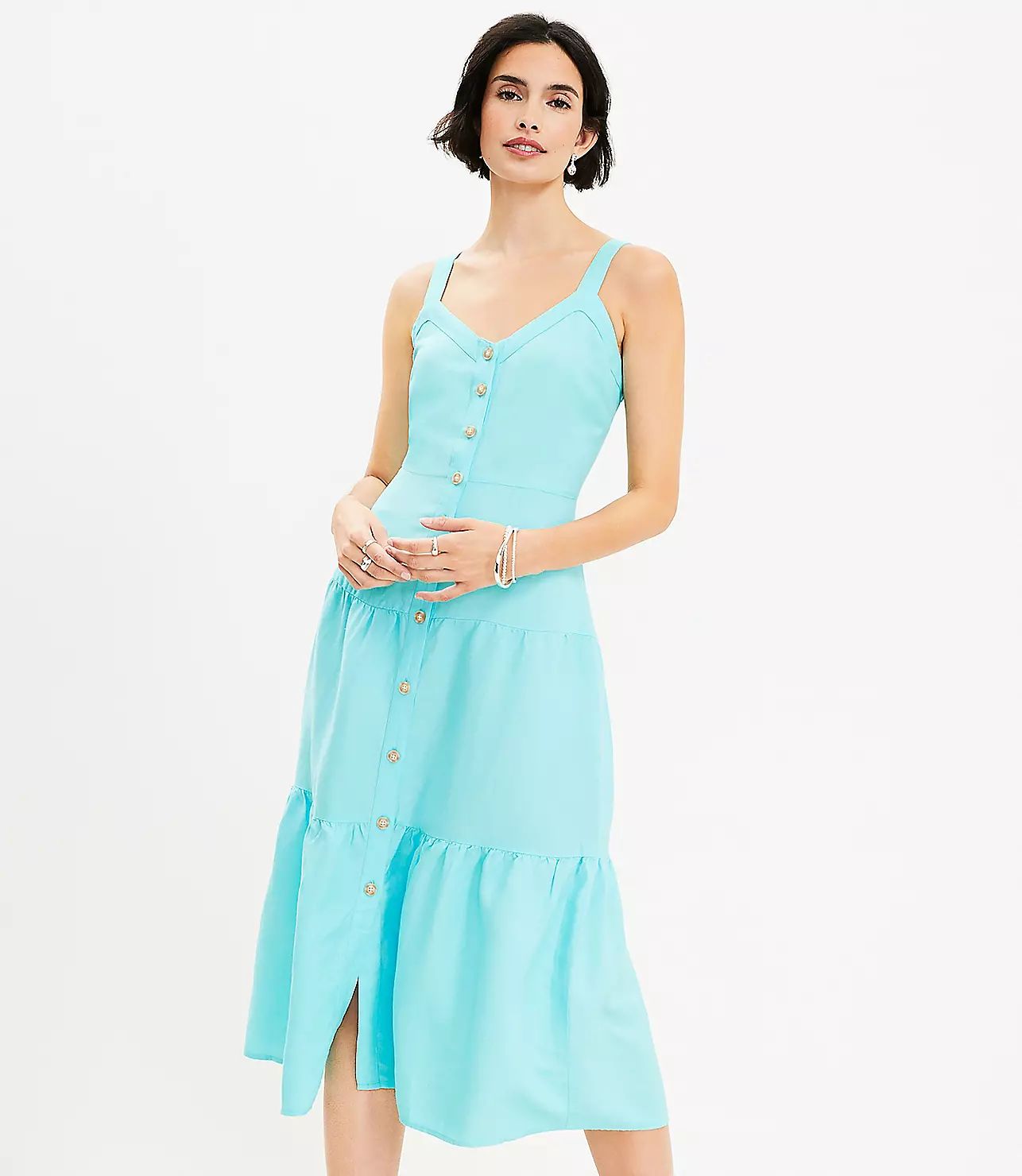 Linen Blend Strappy Button Tiered Midi Dress | LOFT