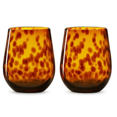 Tortoise Shell Leopard Print Brown 10 oz. Wine Rocks Glasses, 12oz Set of 2 - Stylish Stemless Cocktail Cups Glass, Ideal Glassware Tumbler Gin, Tequila, Vodka, Soft Drinks, Hand Blown Colorful Amber | Amazon (US)