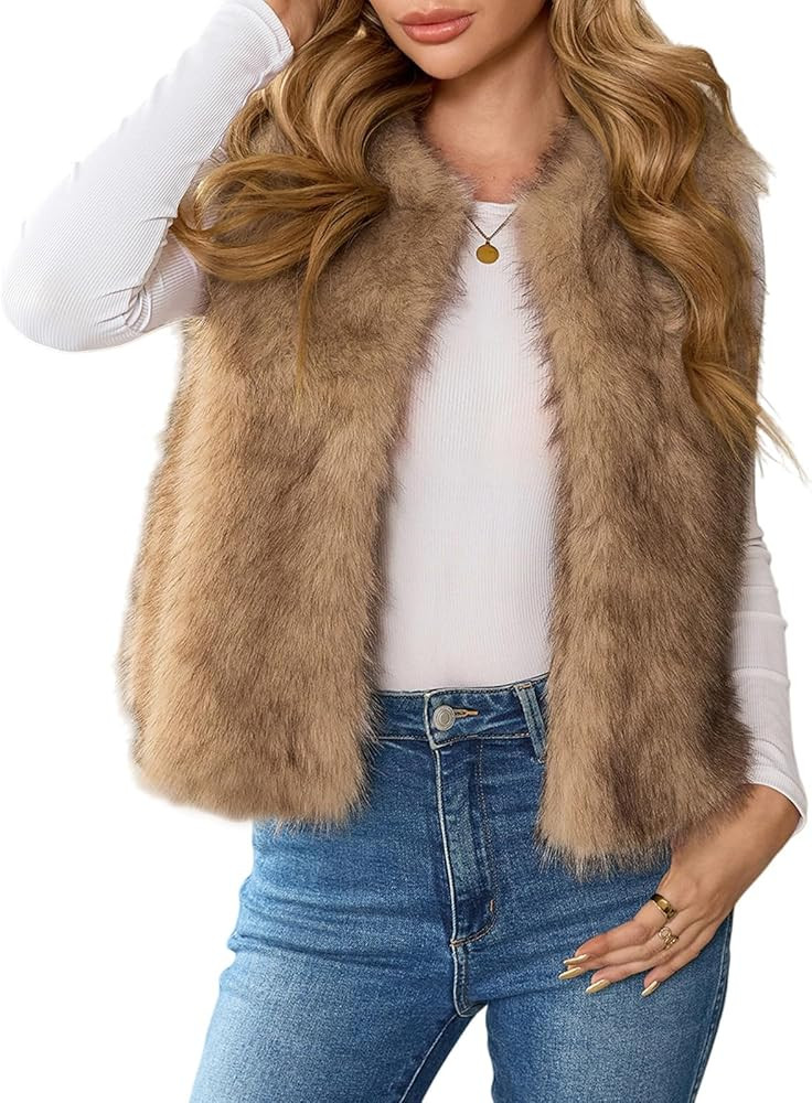 WOWULOVELY Women Faux Fur Vest Sleeveless Fuzzy Jacket Furry Open Front Cardigan Top Fluffy Coats... | Amazon (US)