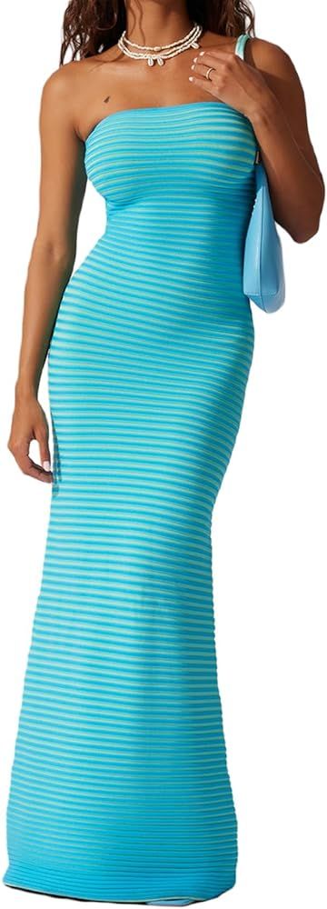 Womens 2023 Summer Knit Maxi Dress Elegant Pleated V Neck Backless Beach Holiday Dress Y2K Bodyco... | Amazon (US)