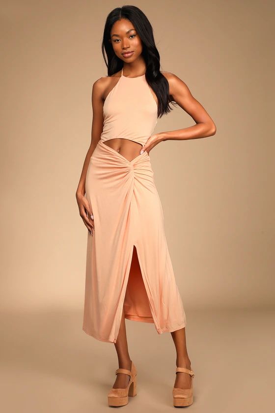 Top of the Trends Peach Twist-Front Cutout Halter Midi Dress | Lulus (US)